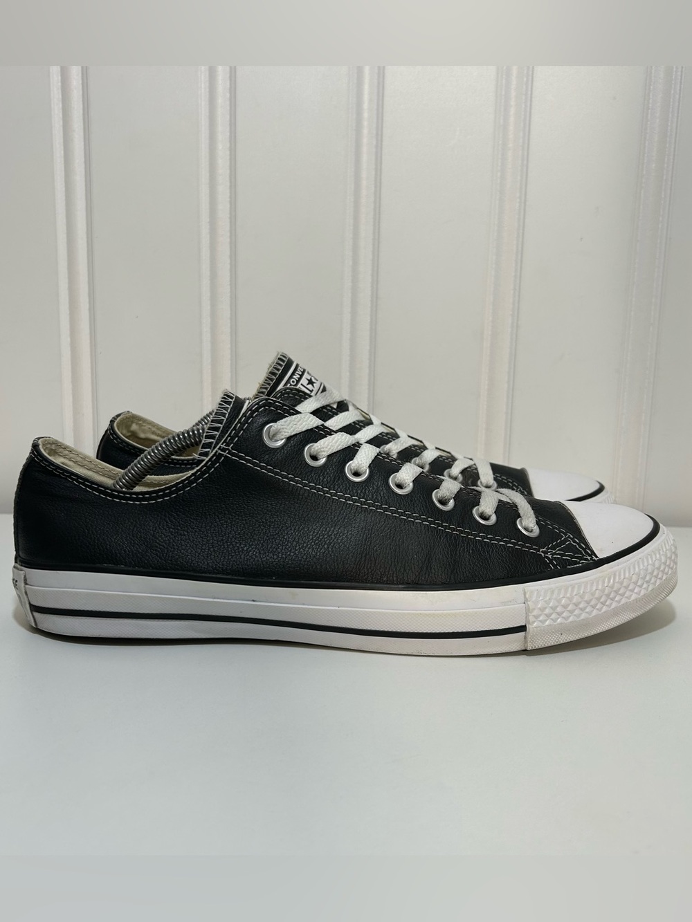 Converse ctas low all star Black Leather Sneakers with White Trim men’s 11